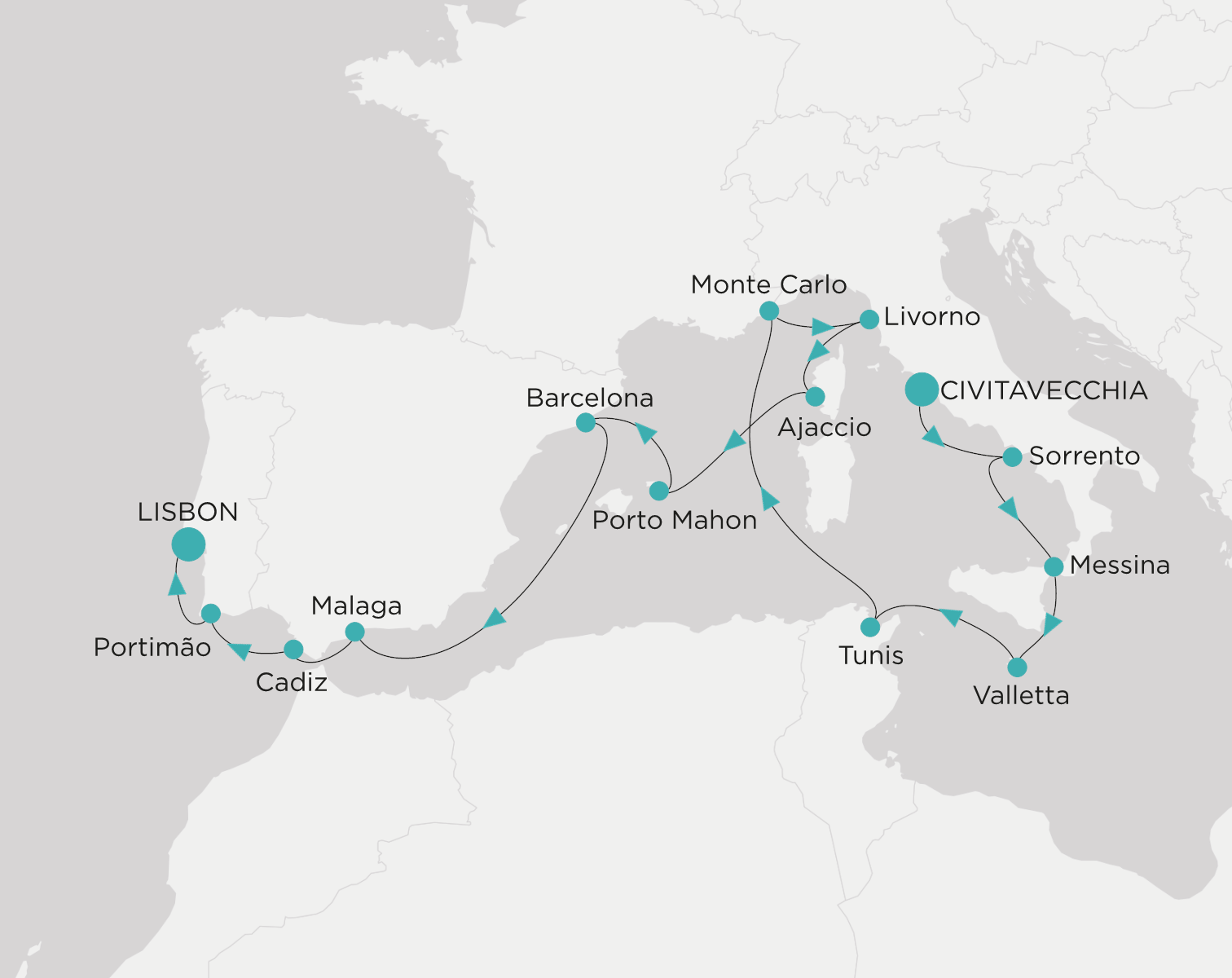 Crystal Symphony CSY-C17-271001 official itinerary map from Civitavecchia (Rome) to Lisbon