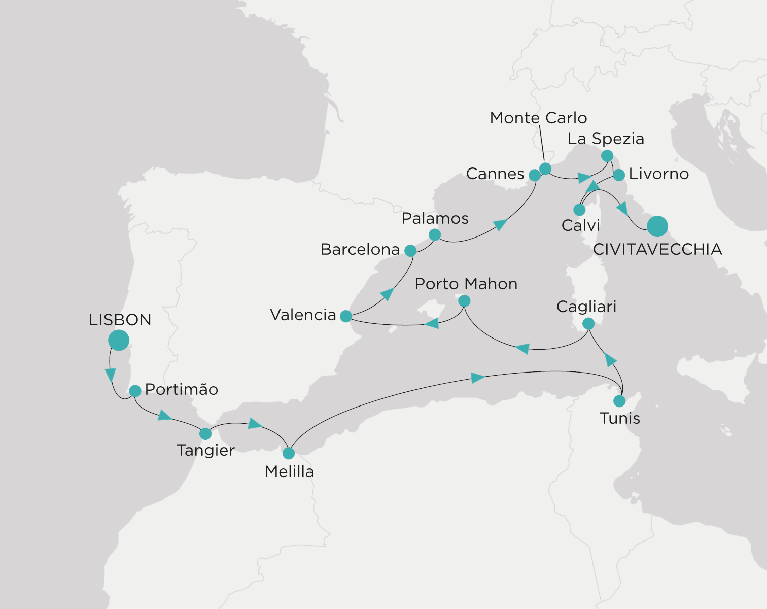 Crystal Symphony CSY-C18-270913 official itinerary map from Lisbon to Civitavecchia (Rome)
