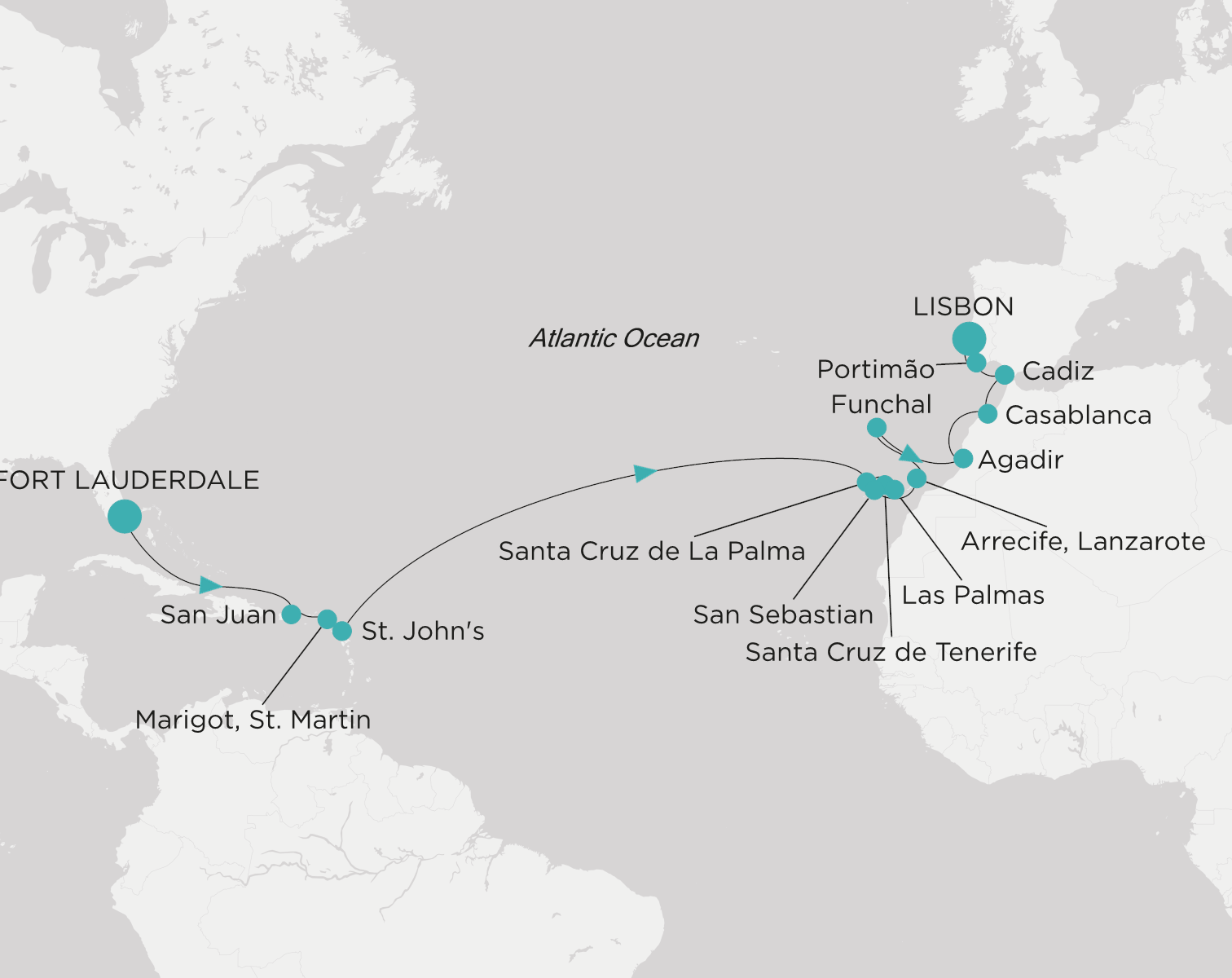 Crystal Symphony CSY-C23-270320 official itinerary map from Fort Lauderdale to Lisbon
