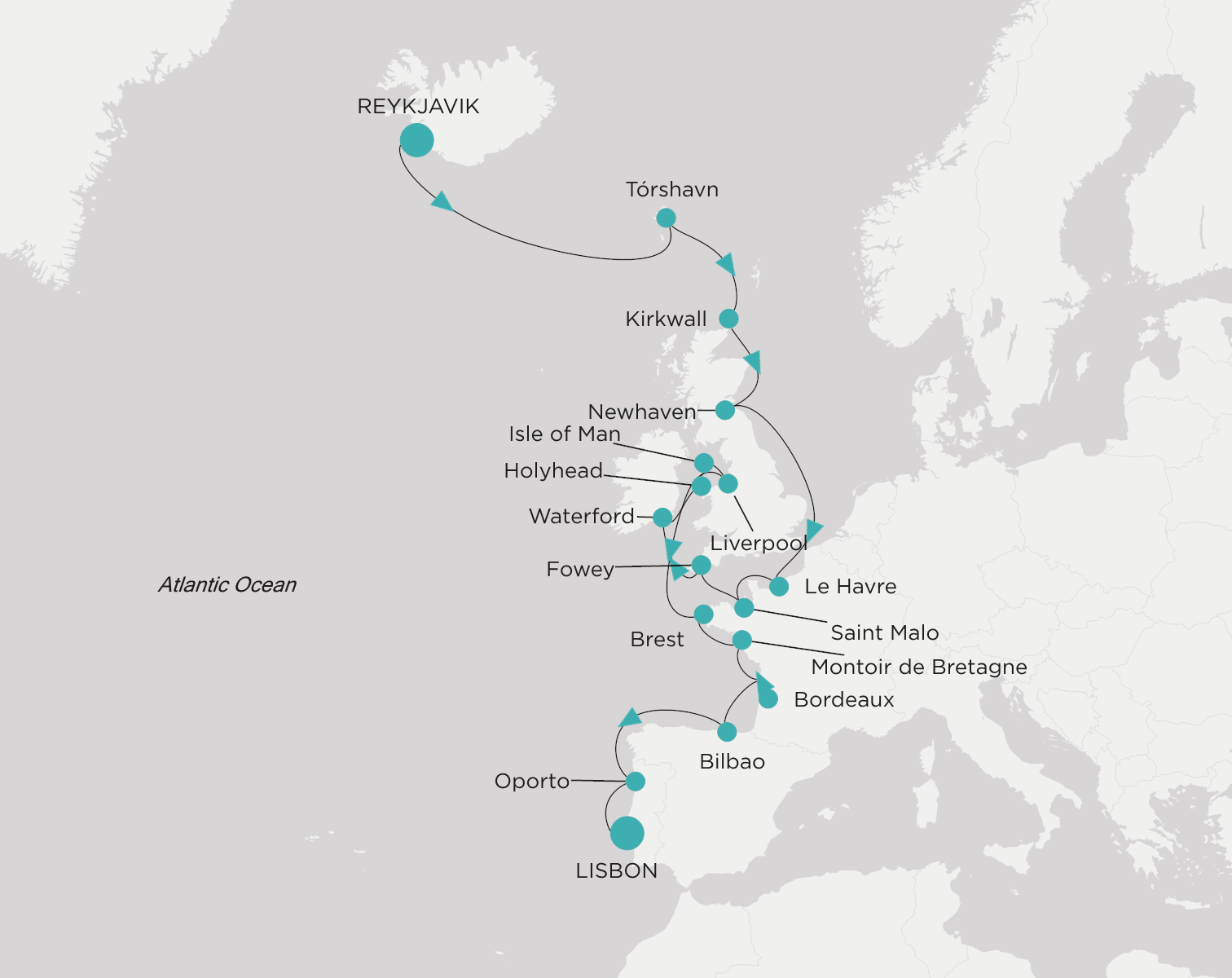 Crystal Symphony CSY-C23-270821 official itinerary map from Reykjavik to Lisbon