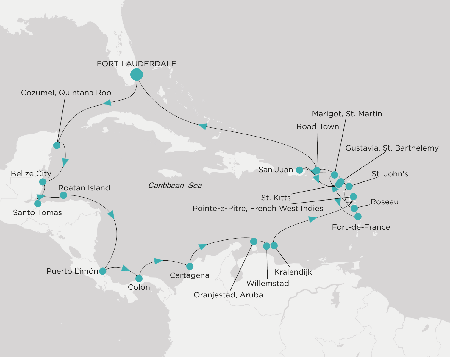 Crystal Symphony CSY-C27-271122 official itinerary map from Fort Lauderdale to Fort Lauderdale