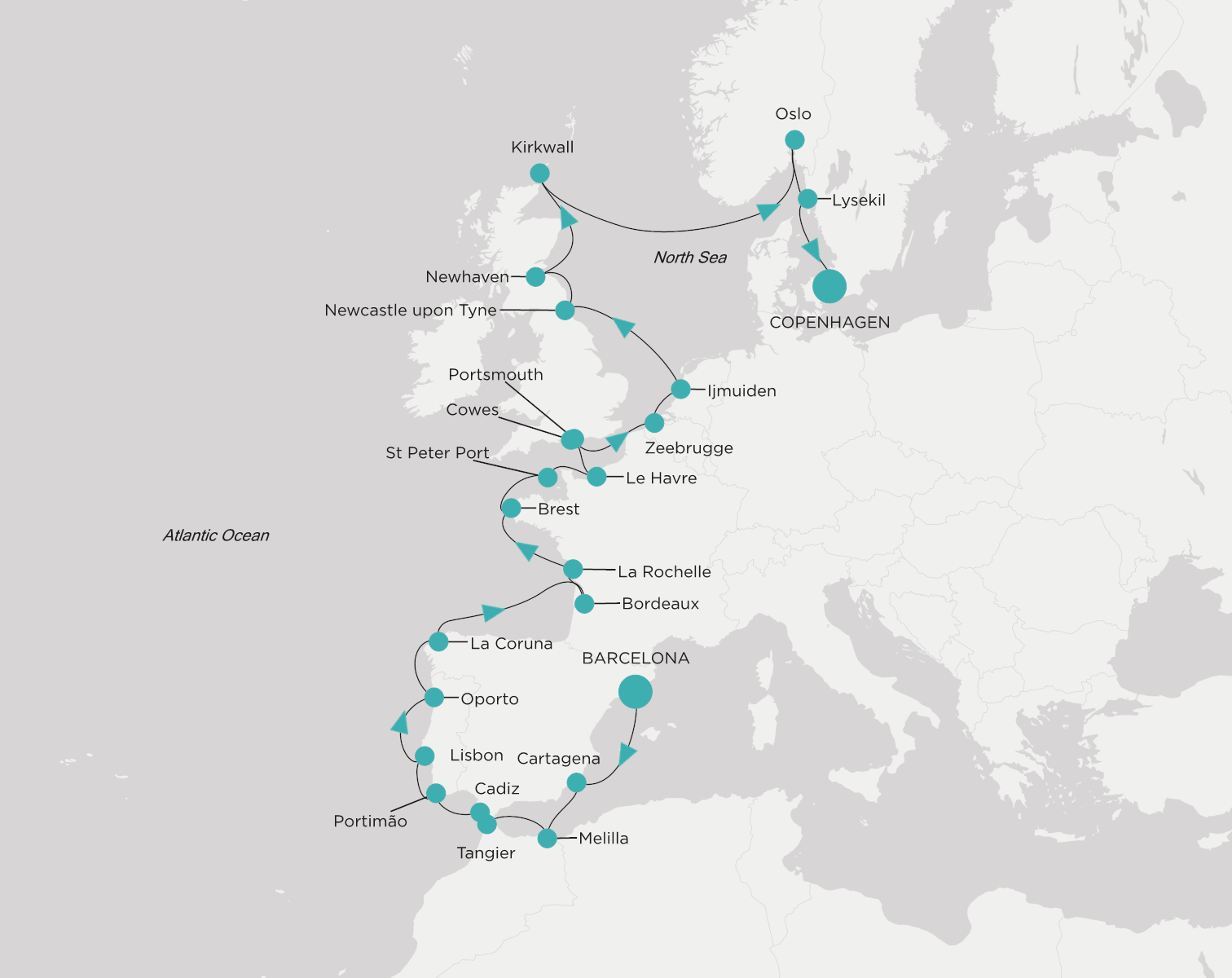 Crystal Symphony CSY-C29-270621 official itinerary map from Barcelona to Copenhagen