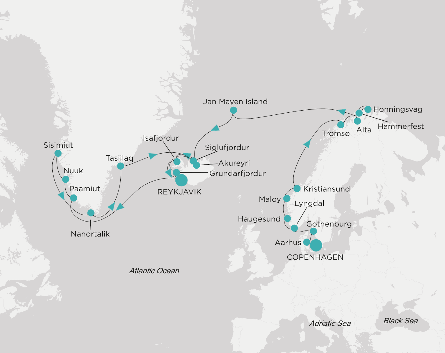 Crystal Symphony CSY-C32-270720 official itinerary map from Copenhagen to Reykjavik