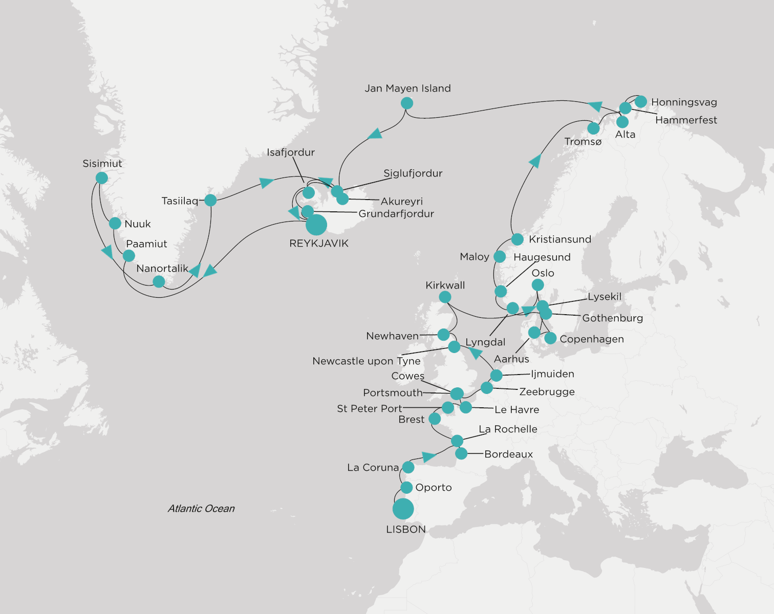 Crystal Symphony CSY-G54-270628 official itinerary map from Lisbon to Reykjavik