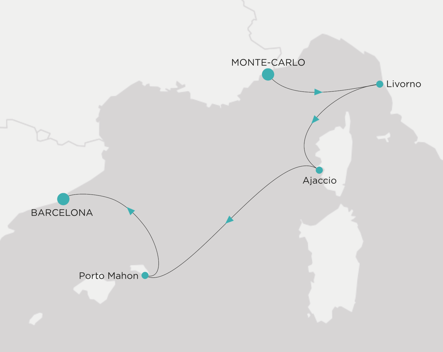 Crystal Symphony CSY-S05-271008 official itinerary map from Monte-Carlo to Barcelona