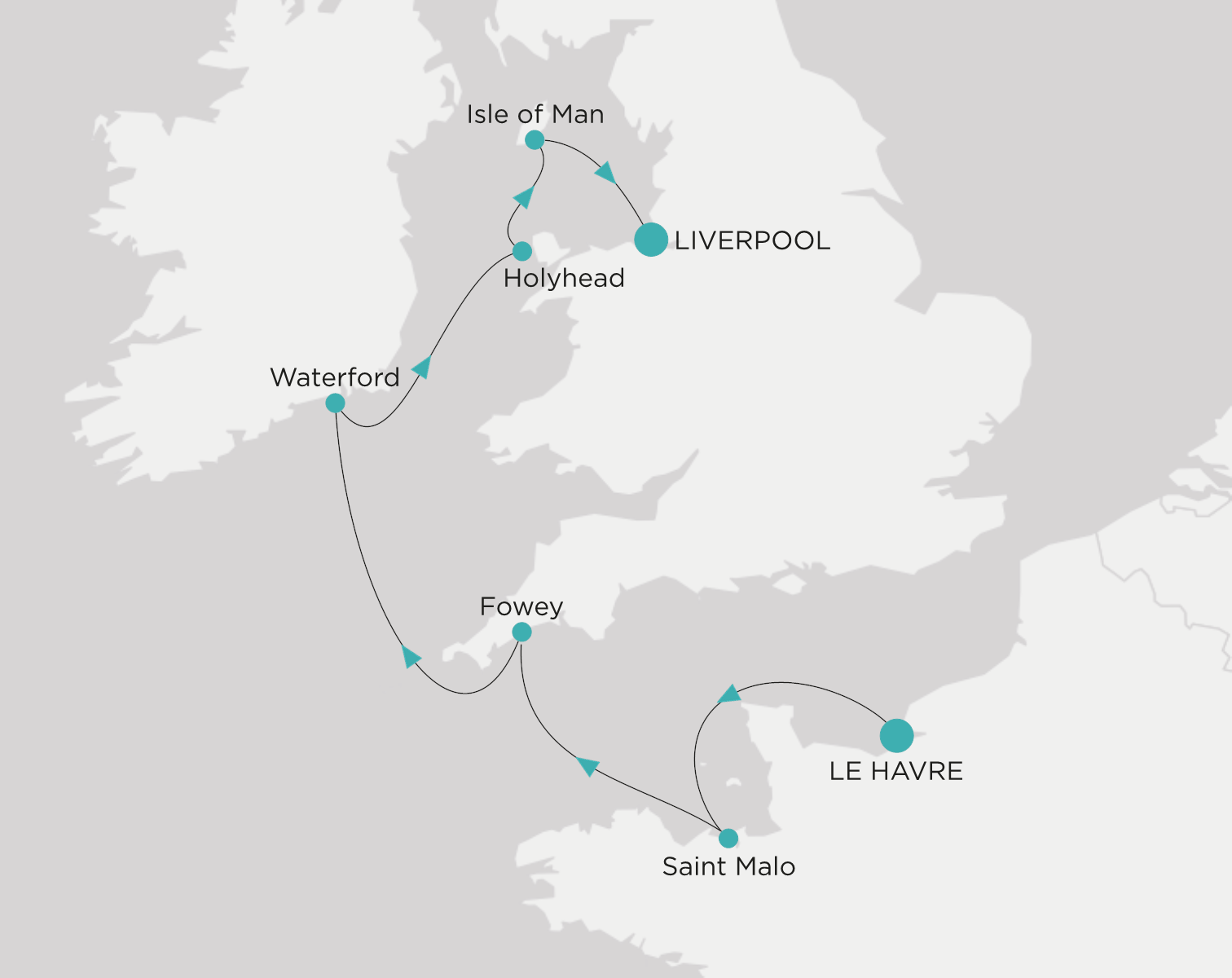 Crystal Symphony CSY-S06-270828 official itinerary map from Le Havre to Liverpool