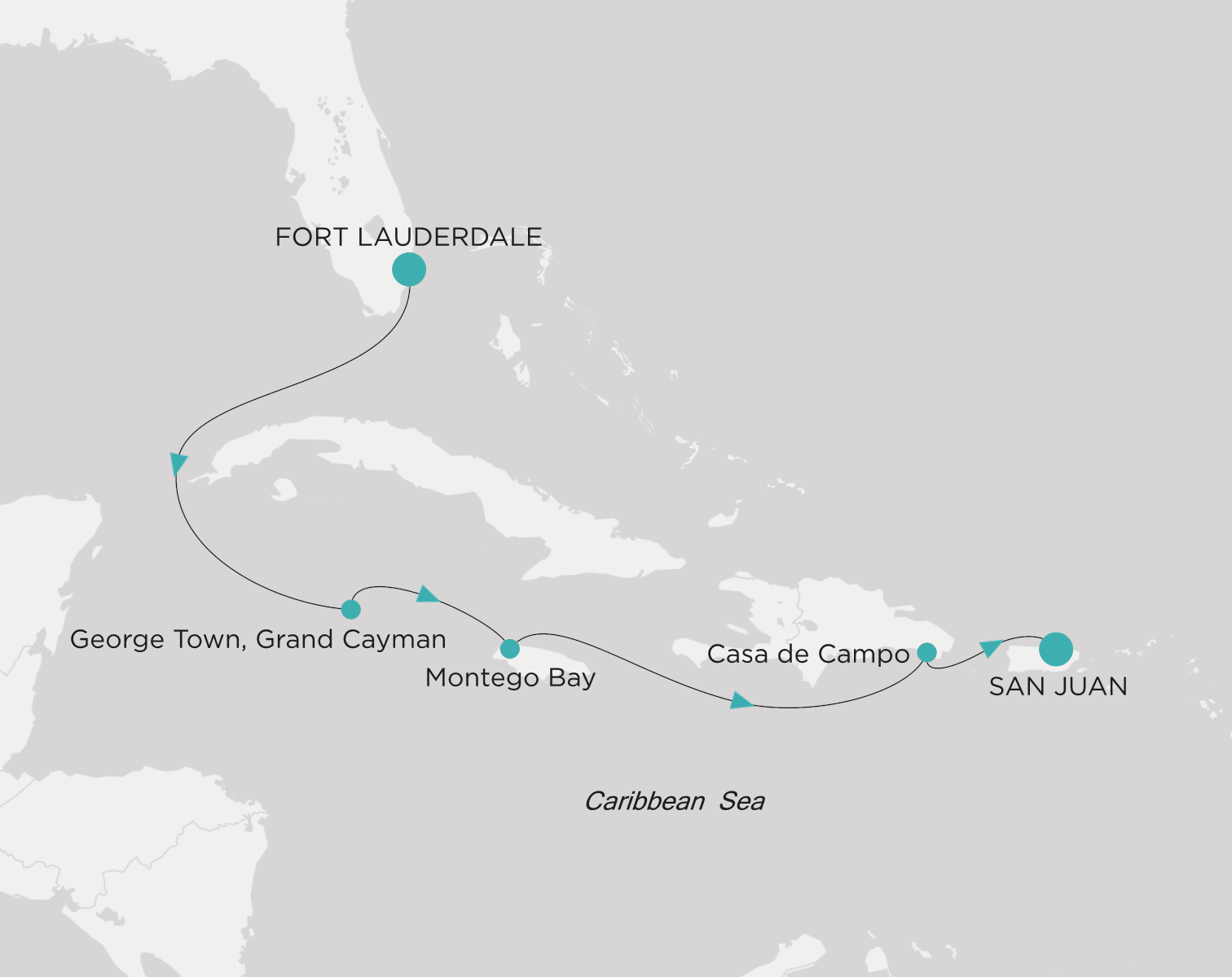 Crystal Symphony CSY-S06-271228 official itinerary map from Fort Lauderdale to San Juan