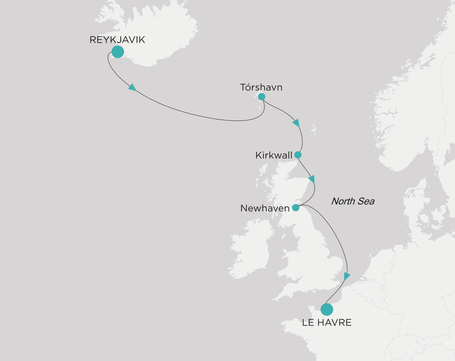 Crystal Symphony CSY-S07-270821 official itinerary map from Reykjavik to Le Havre