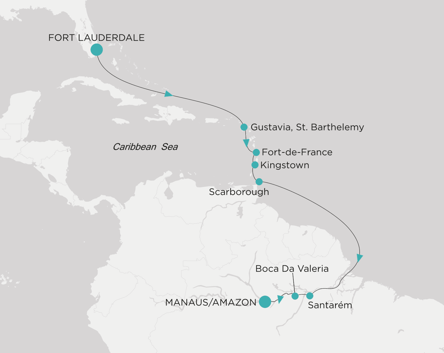 Crystal Symphony CSY-S12-270115 official itinerary map from Fort Lauderdale to Manaus/Amazon