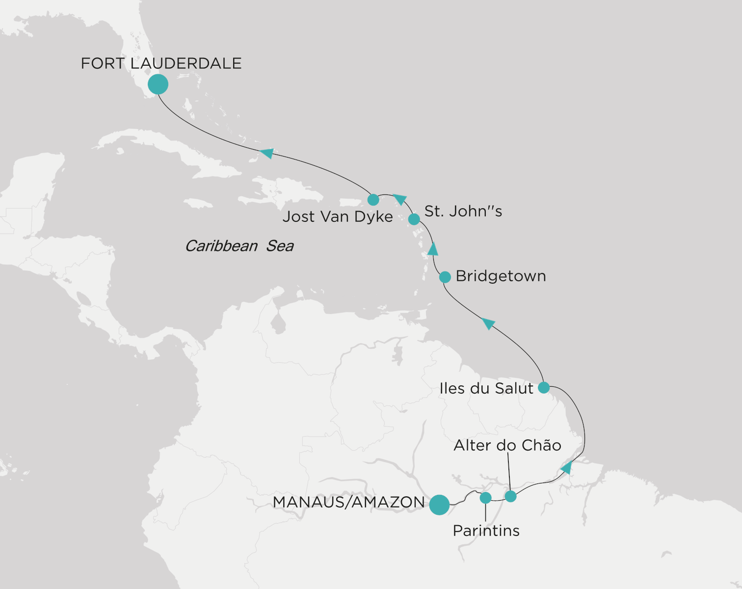 Crystal Symphony CSY-S13-270127 official itinerary map from Manaus/Amazon to Fort Lauderdale
