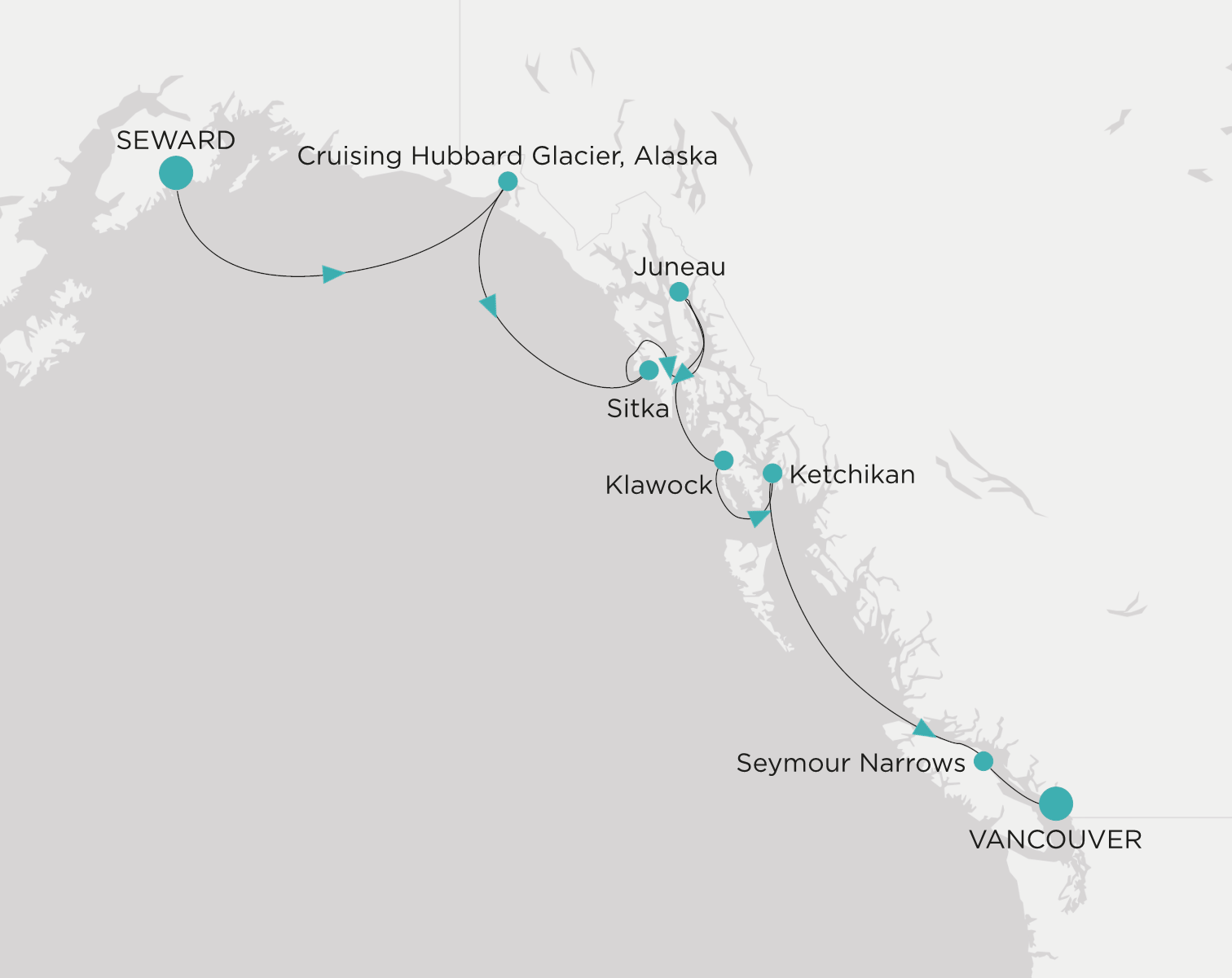 Crystal Symphony CSY-007-280720 official itinerary map from Seward (Anchorage, Alaska) to Vancouver