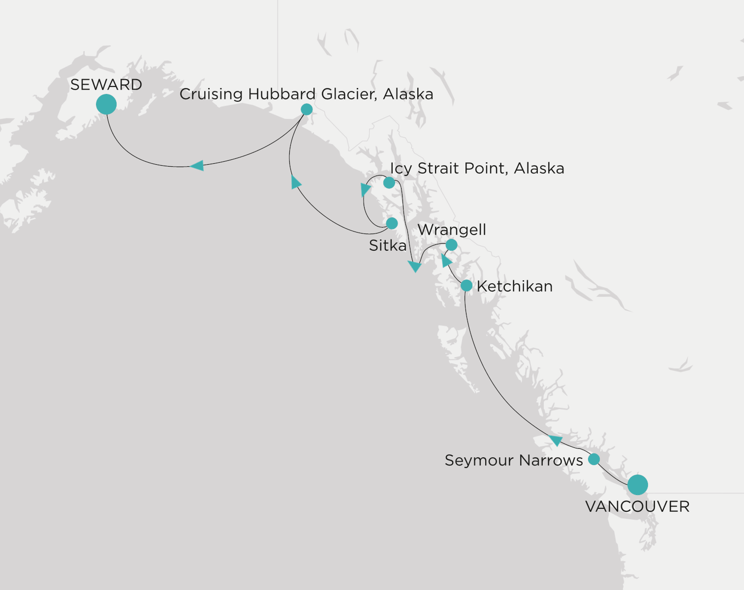 Crystal Symphony CSY-007-280804 official itinerary map from Vancouver to Seward (Anchorage, Alaska)
