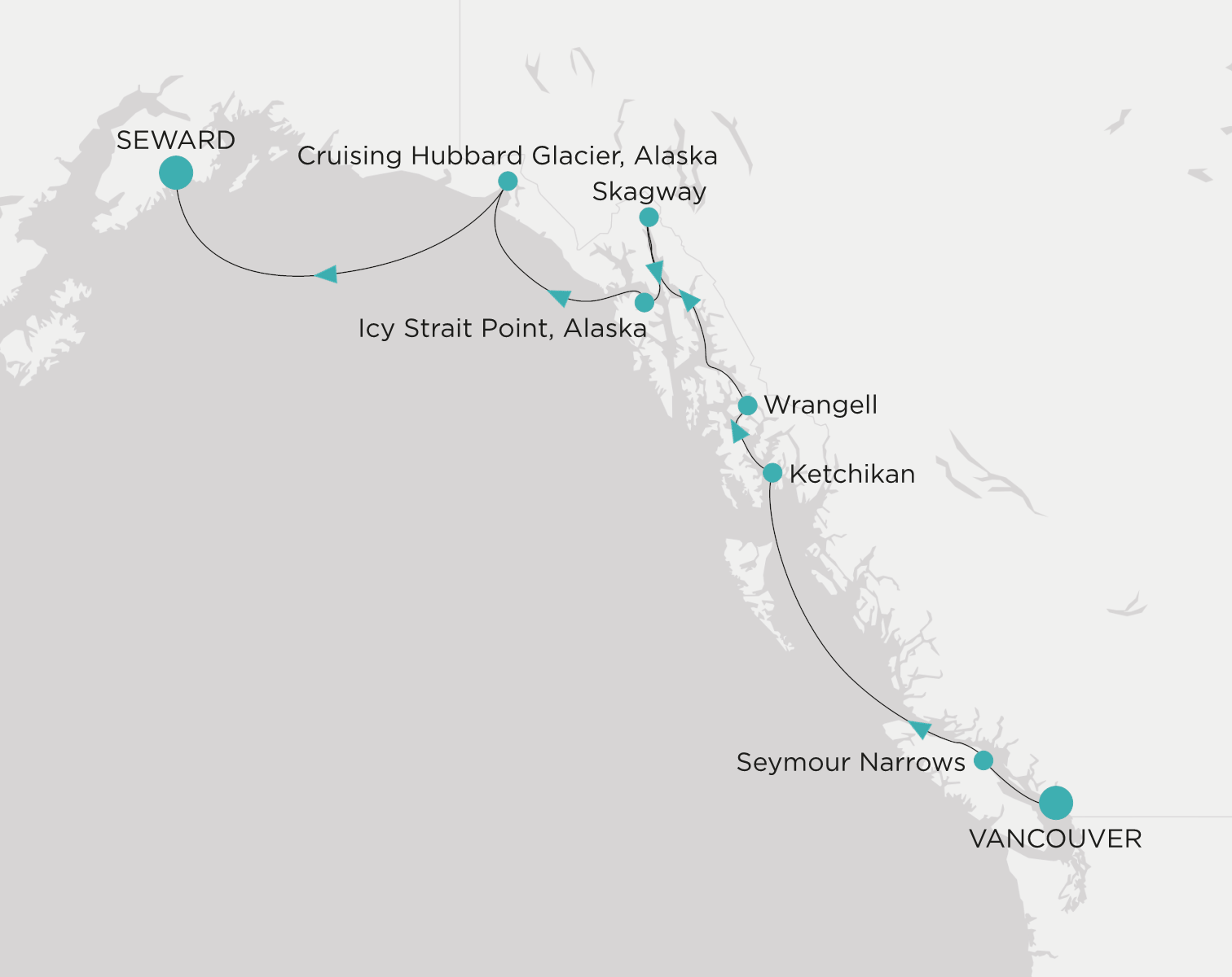 Crystal Symphony CSY-007-280911 official itinerary map from Vancouver to Seward (Anchorage, Alaska)
