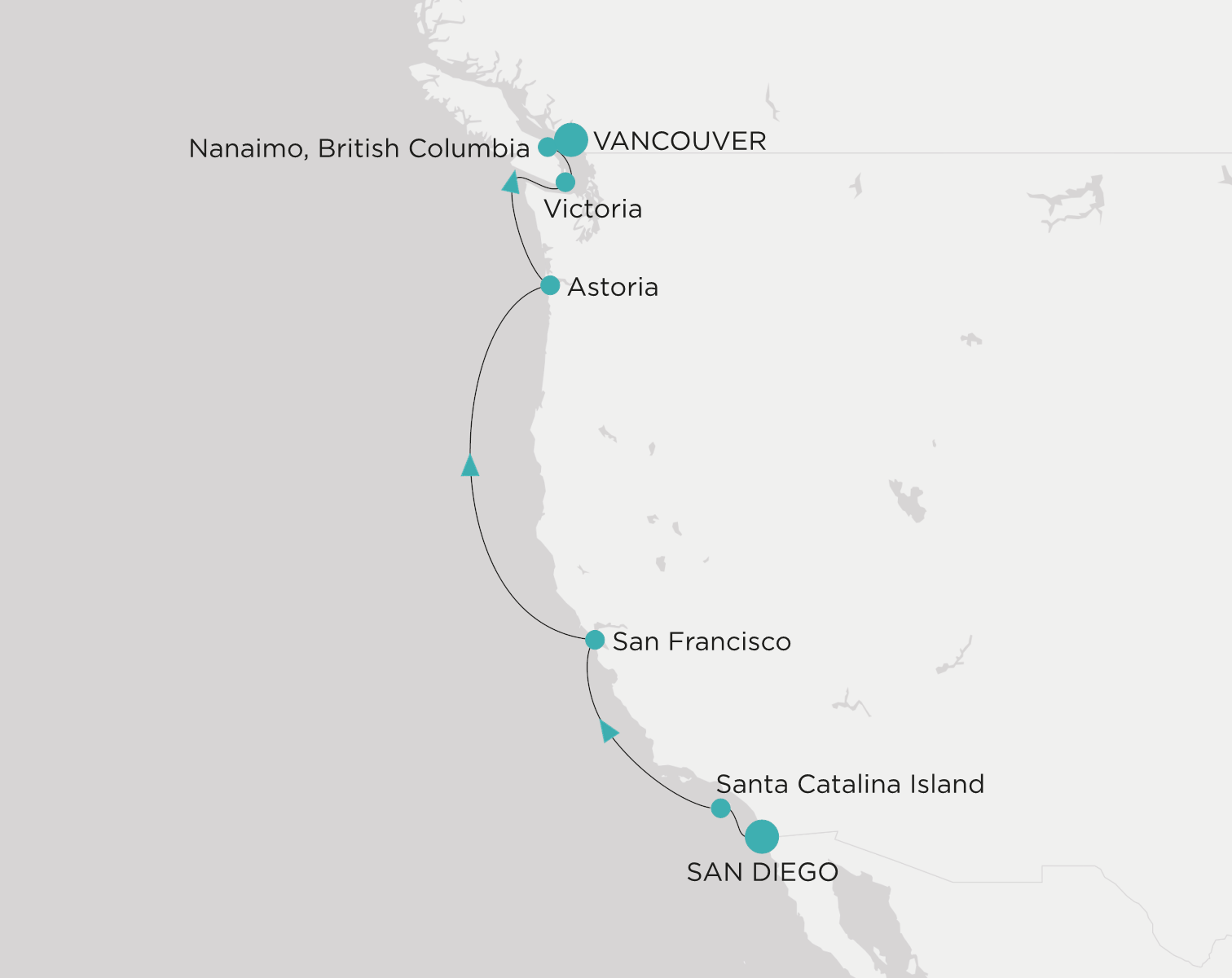 Crystal Symphony CSY-008-280625 official itinerary map from San Diego to Vancouver