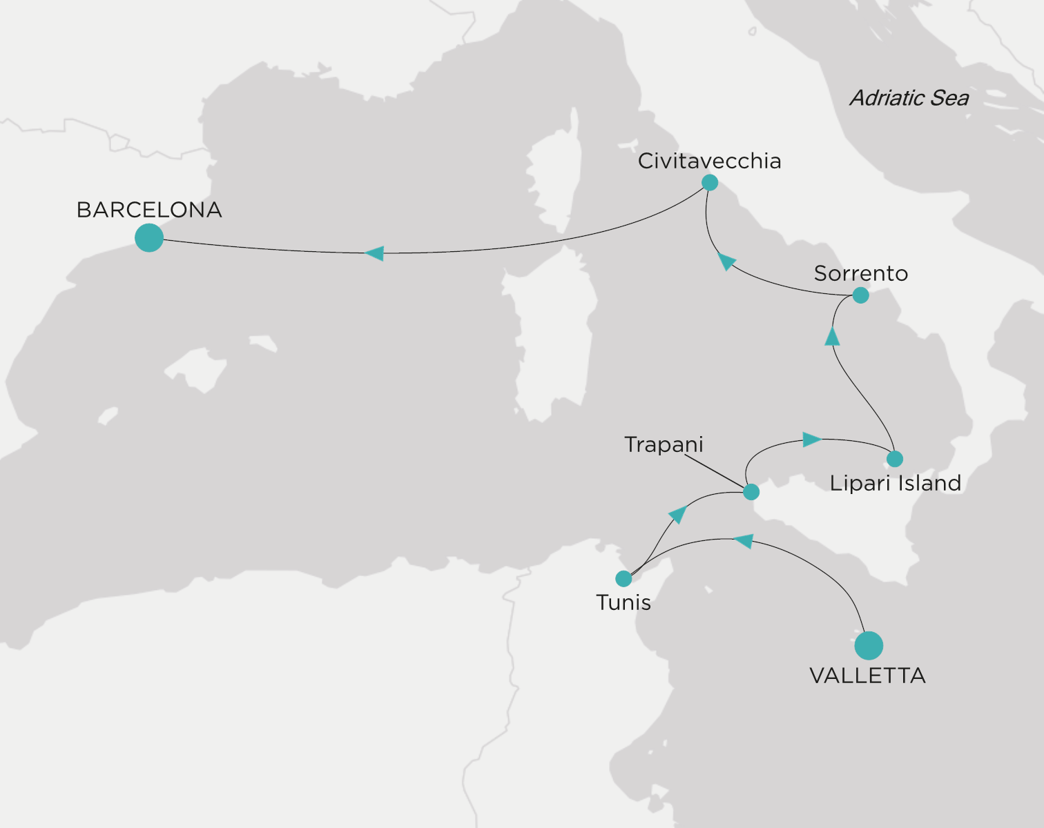 Crystal Symphony CSY-009-280518 official itinerary map from Valletta to Barcelona