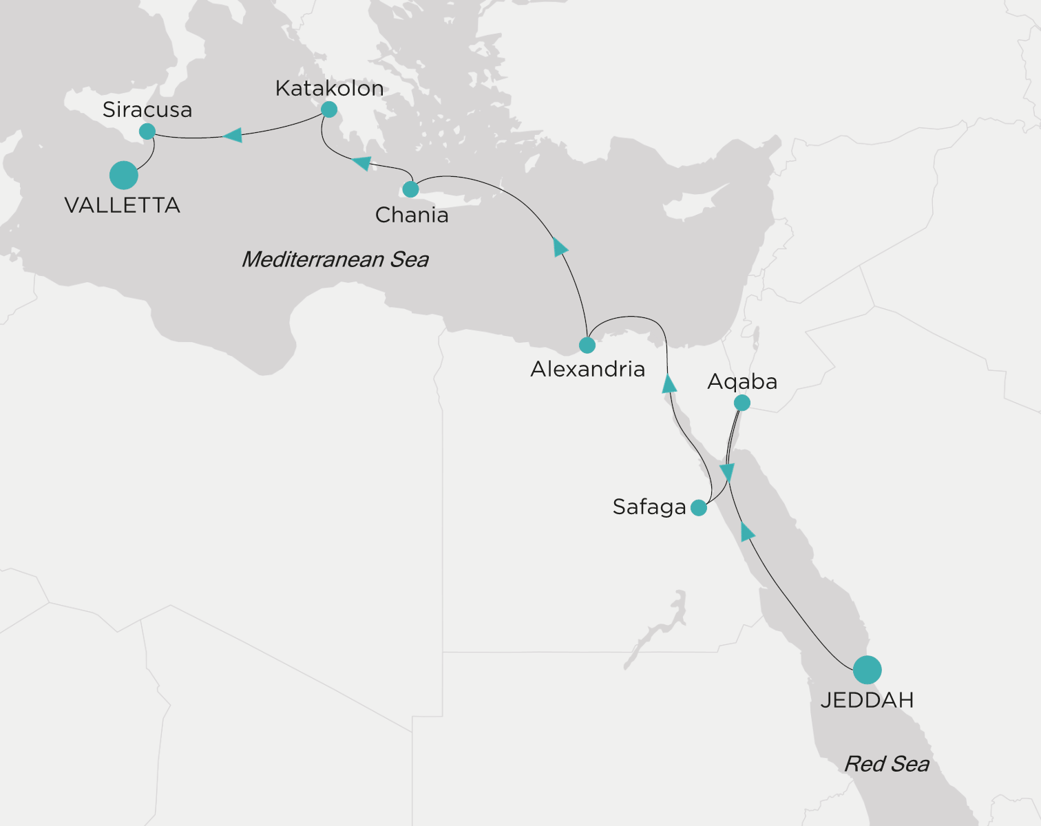 Crystal Symphony CSY-013-280505 official itinerary map from Jeddah to Valletta