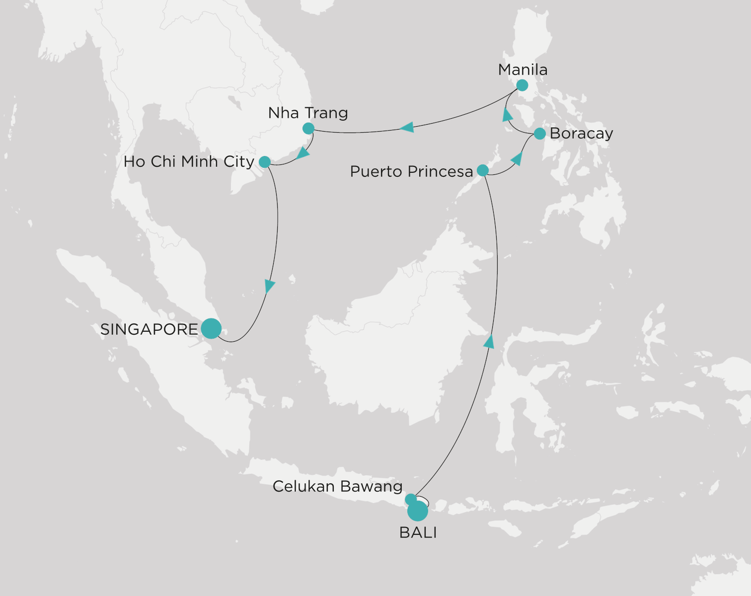 Crystal Symphony CSY-014-280323 official itinerary map from Benoa (Bali) to Singapore