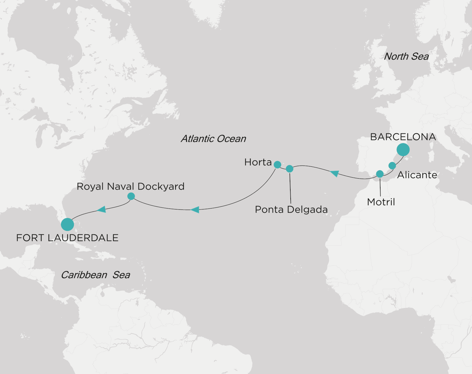 Crystal Symphony CSY-014-280527 official itinerary map from Barcelona to Fort Lauderdale