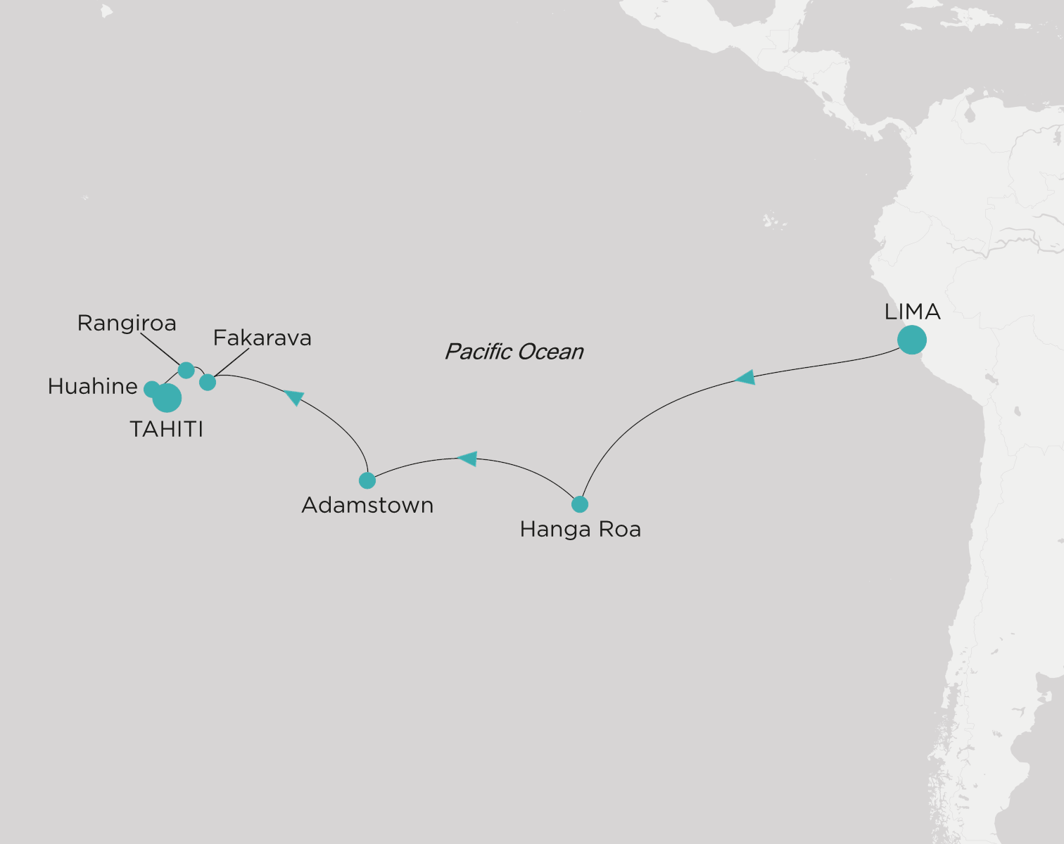 Crystal Symphony CSY-015-280129 official itinerary map from Callao (Lima) to Tahiti (Papeete)