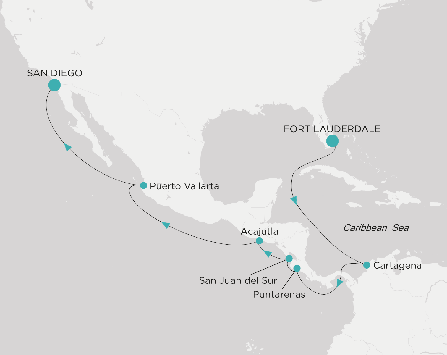 Crystal Symphony CSY-015-280610 official itinerary map from Fort Lauderdale to San Diego