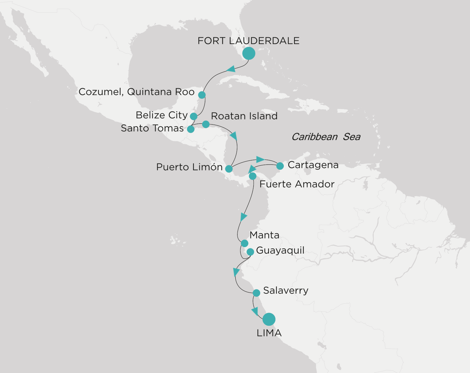 Crystal Symphony CSY-018-280111 official itinerary map from Fort Lauderdale to Callao (Lima)