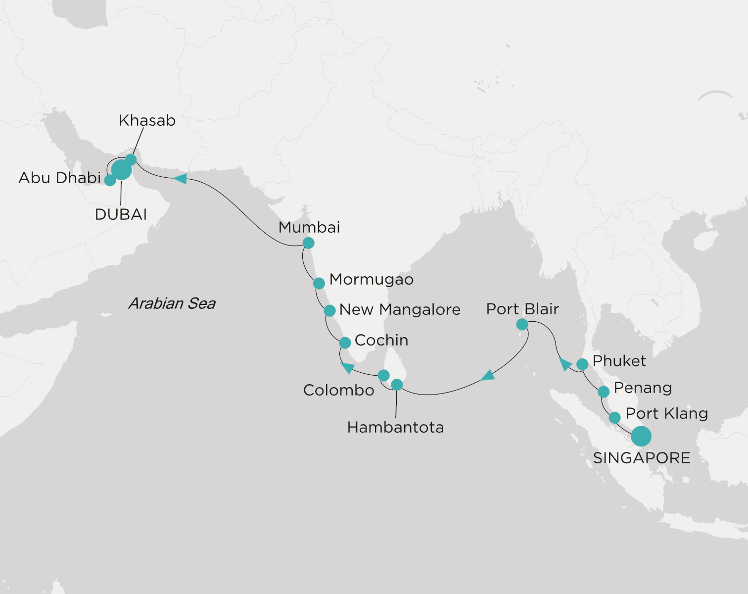 Crystal Symphony CSY-020-280406 official itinerary map from Singapore to Dubai