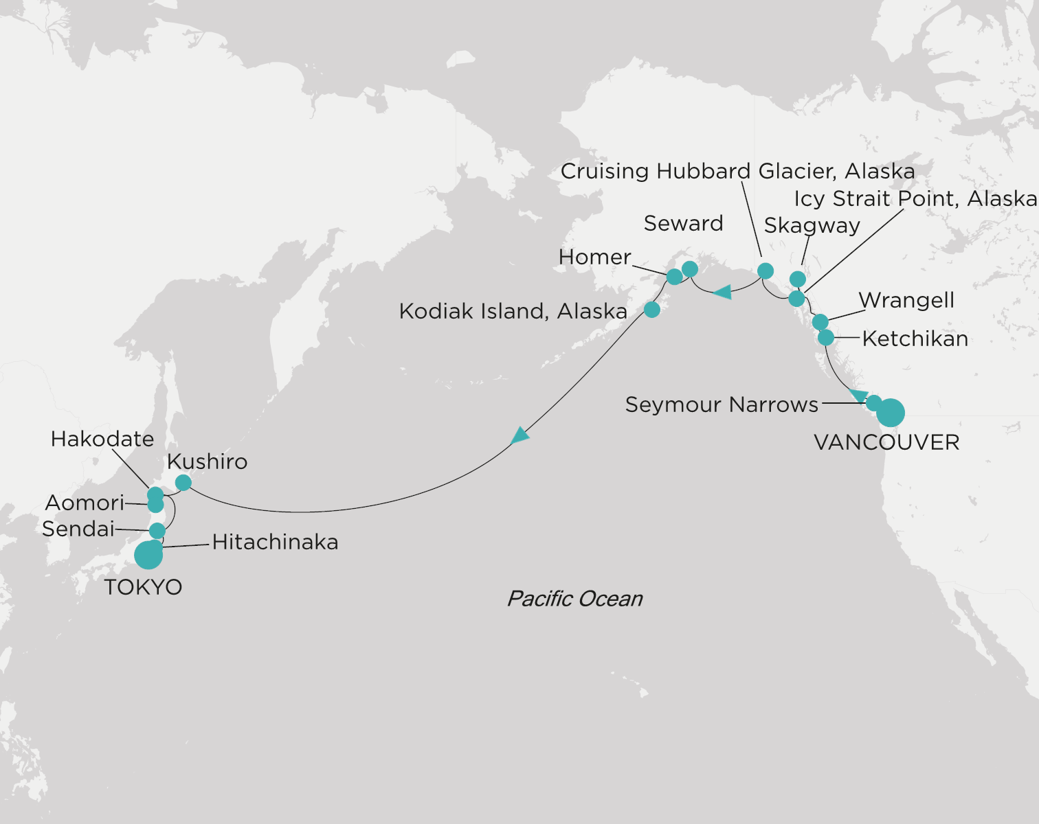 Crystal Symphony CSY-C21-280911 official itinerary map from Vancouver to Tokyo
