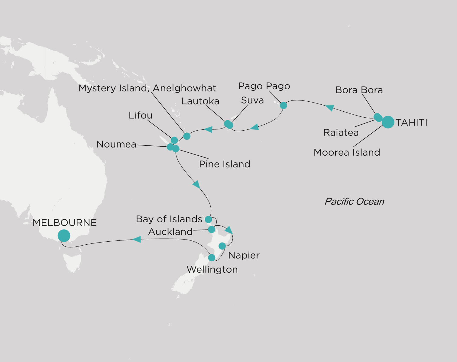 Crystal Symphony CSY-C25-280213 official itinerary map from Tahiti (Papeete) to Melbourne