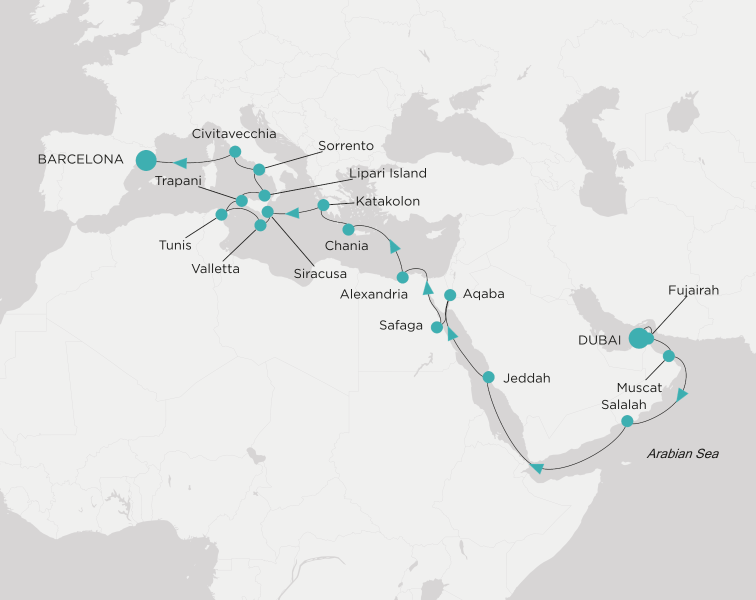 Crystal Symphony CSY-C31-280426 official itinerary map from Dubai to Barcelona