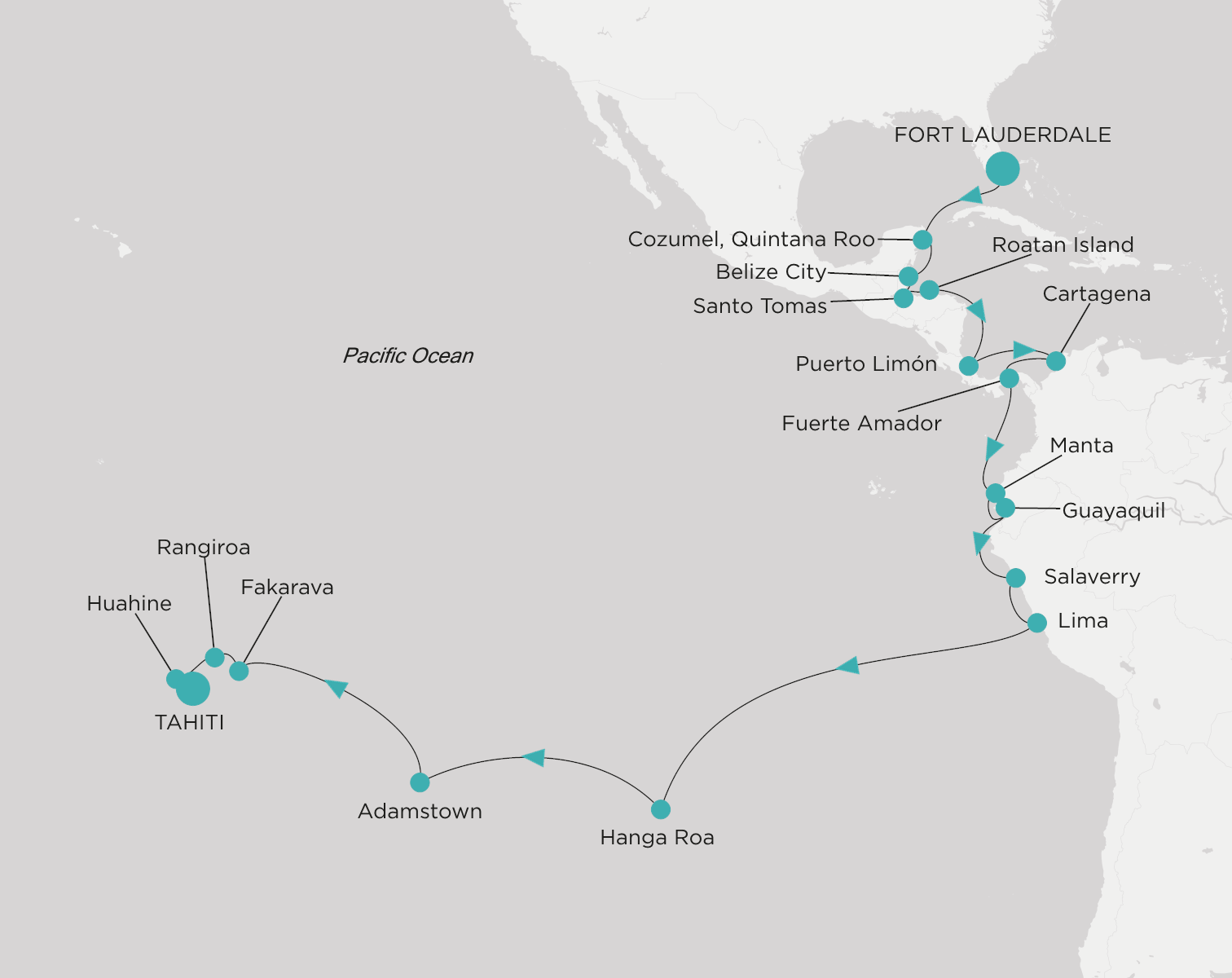 Crystal Symphony CSY-C33-280111 official itinerary map from Fort Lauderdale to Tahiti (Papeete)