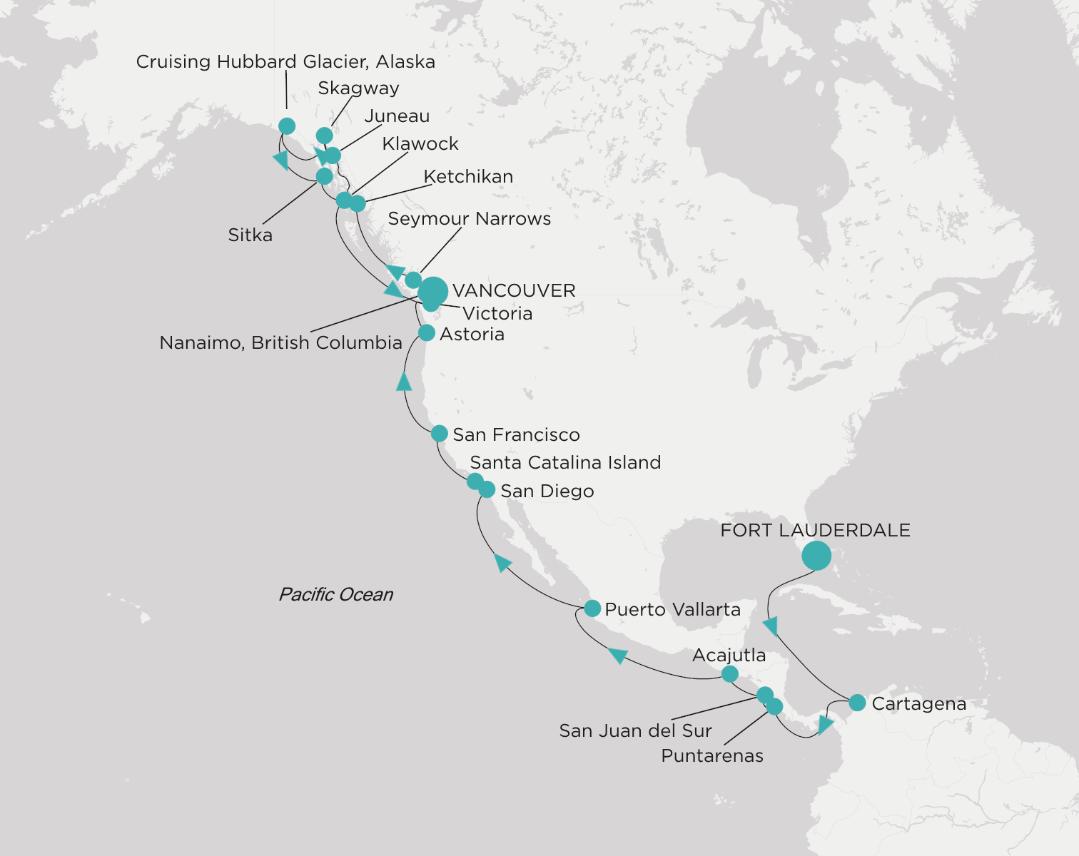 Crystal Symphony CSY-C33-280610 official itinerary map from Fort Lauderdale to Vancouver