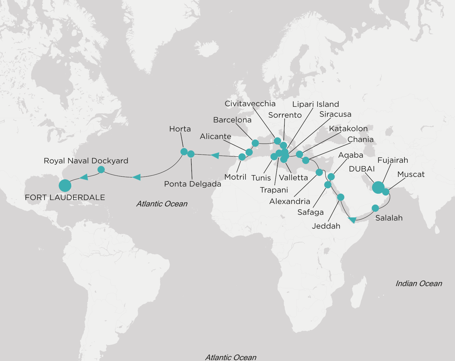 Crystal Symphony CSY-C45-280426 official itinerary map from Dubai to Fort Lauderdale