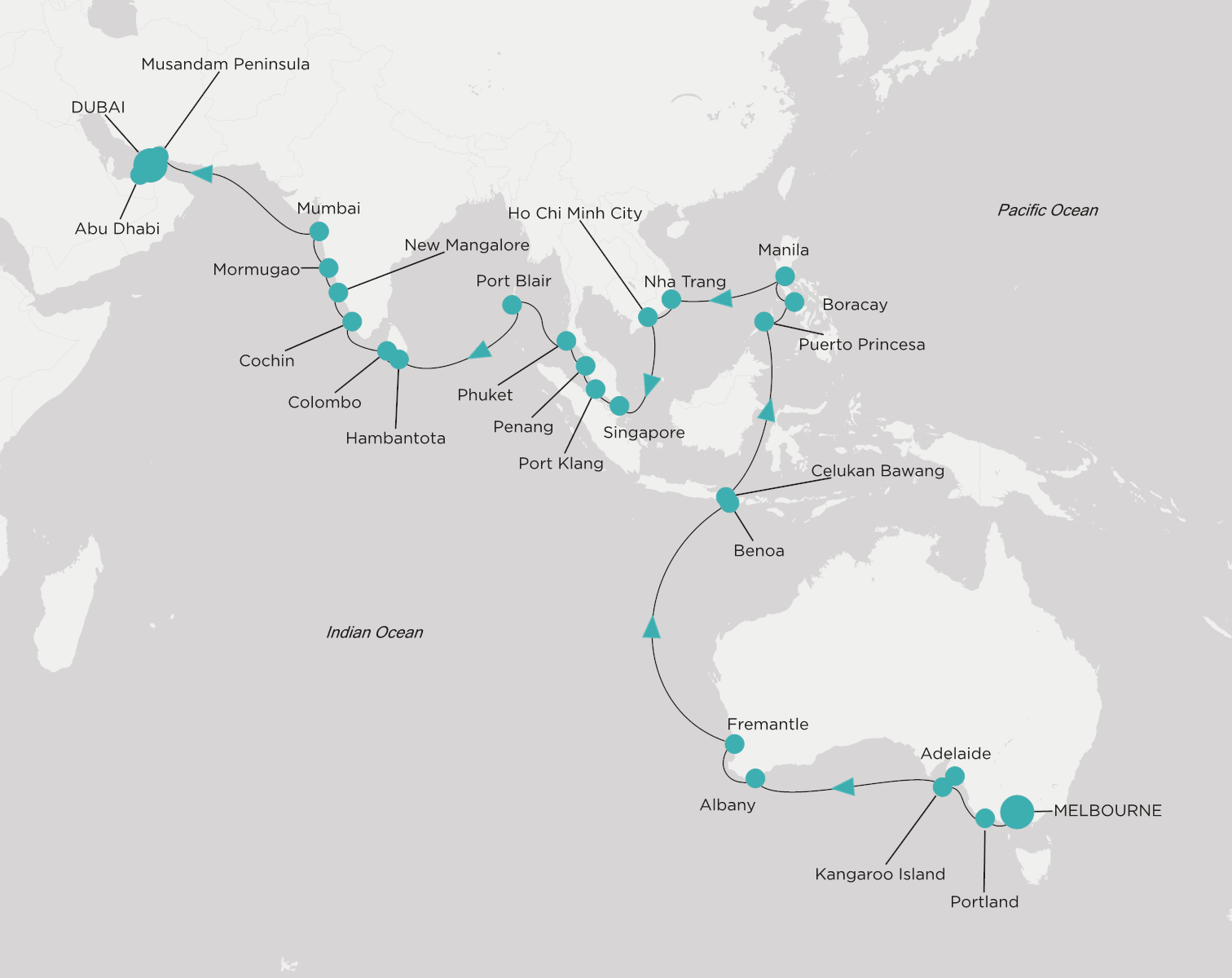 Crystal Symphony CSY-C47-280310 official itinerary map from Melbourne to Dubai
