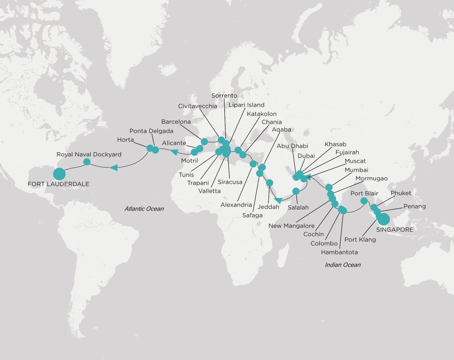 Crystal Symphony CSY-G65-280406 official itinerary map from Singapore to Fort Lauderdale