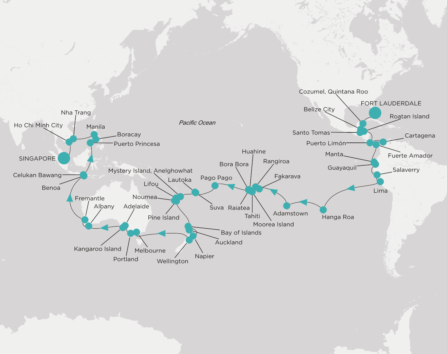 Crystal Symphony CSY-G85-280111 official itinerary map from Fort Lauderdale to Singapore