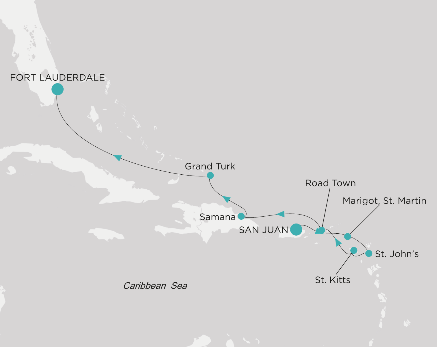 Crystal Symphony CSY-S08-280103 official itinerary map from San Juan to Fort Lauderdale