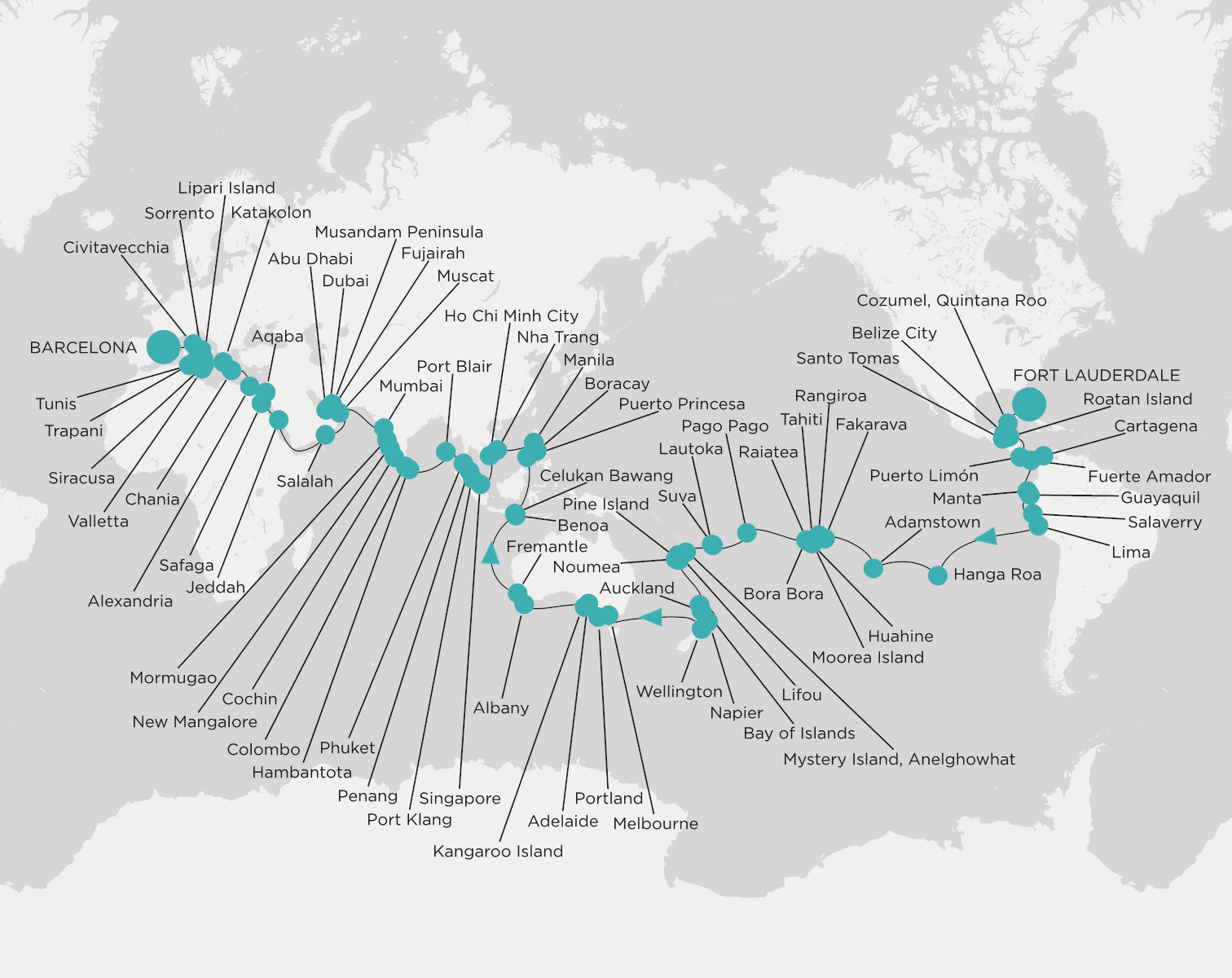 Crystal Symphony CSY-W136-280111 official itinerary map from Fort Lauderdale to Barcelona