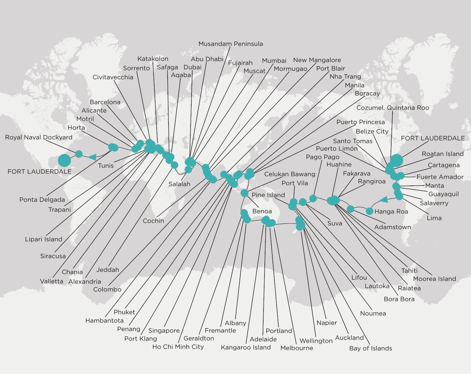 Crystal Symphony CSY-W150-280111 official itinerary map from Fort Lauderdale to Fort Lauderdale