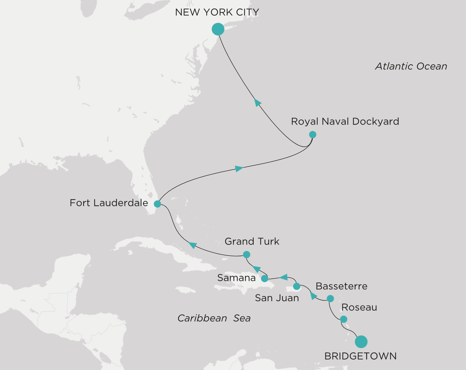 Crystal Symphony CSY-C13-290430 official itinerary map from Bridgetown to New York City