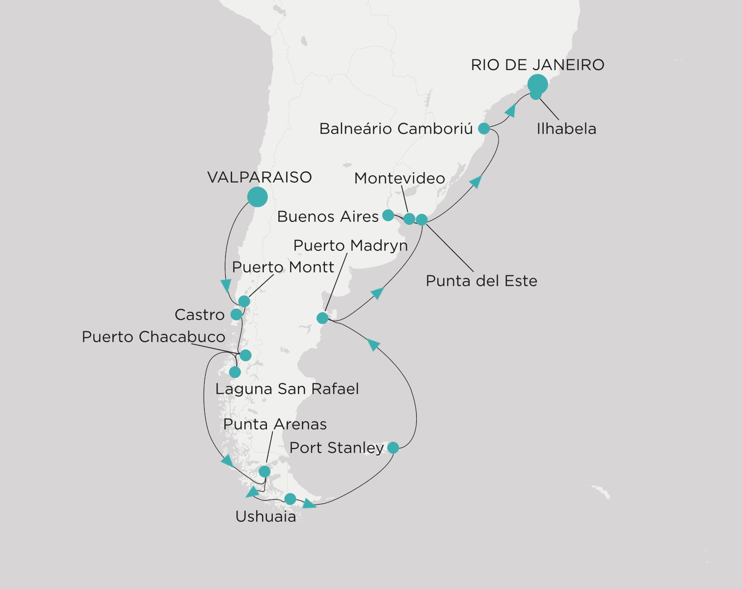 Crystal Symphony CSY-C27-290314 official itinerary map from Valparaiso to Rio de Janeiro