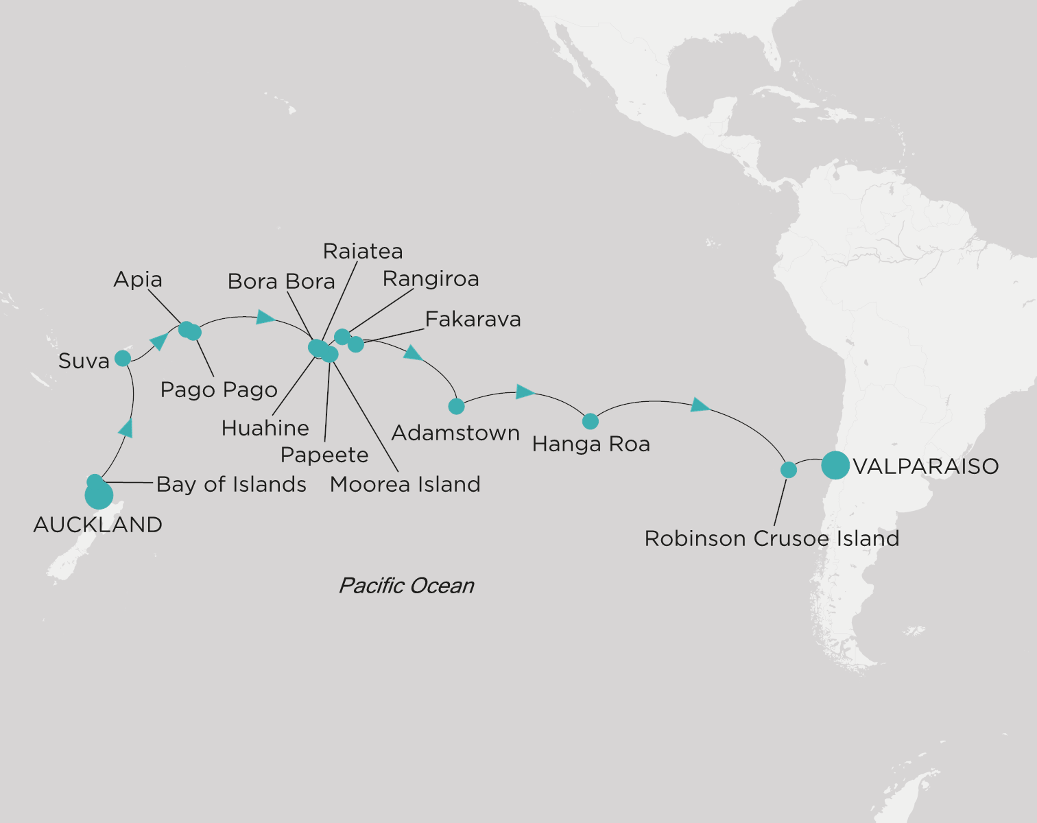 Crystal Symphony CSY-C29-290214 official itinerary map from Auckland to Valparaiso