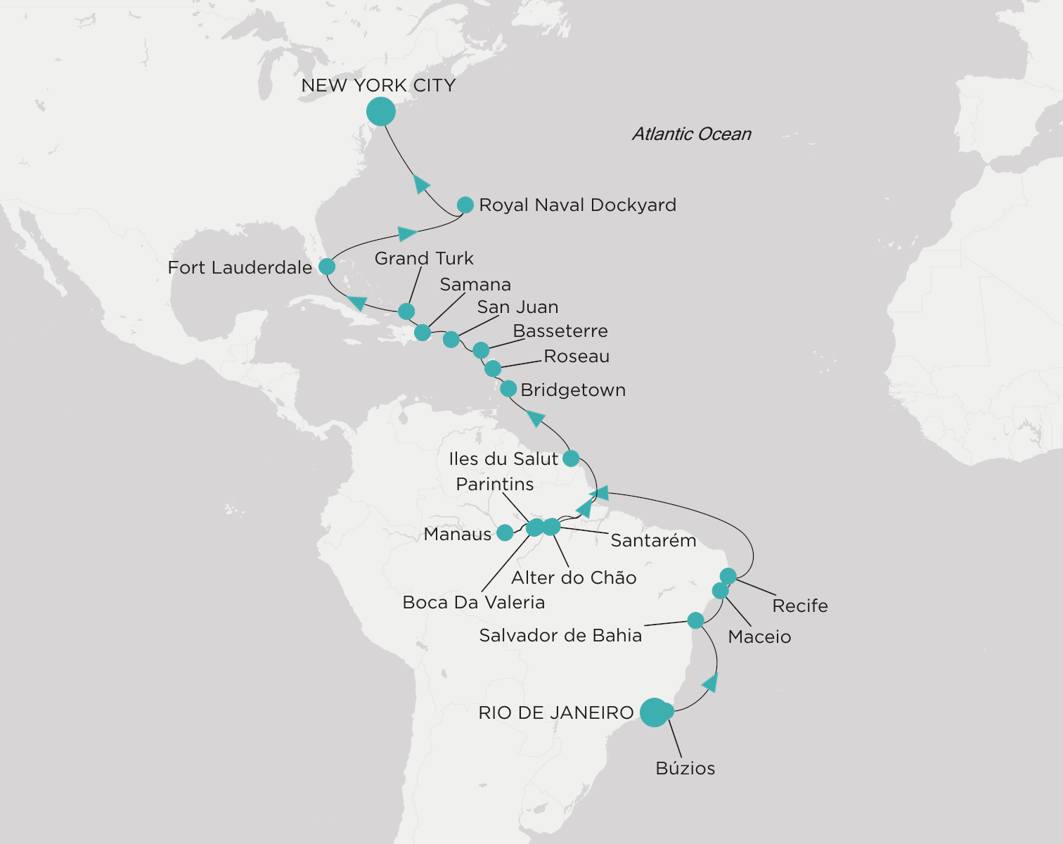 Crystal Symphony CSY-C33-290410 official itinerary map from Rio de Janeiro to New York City