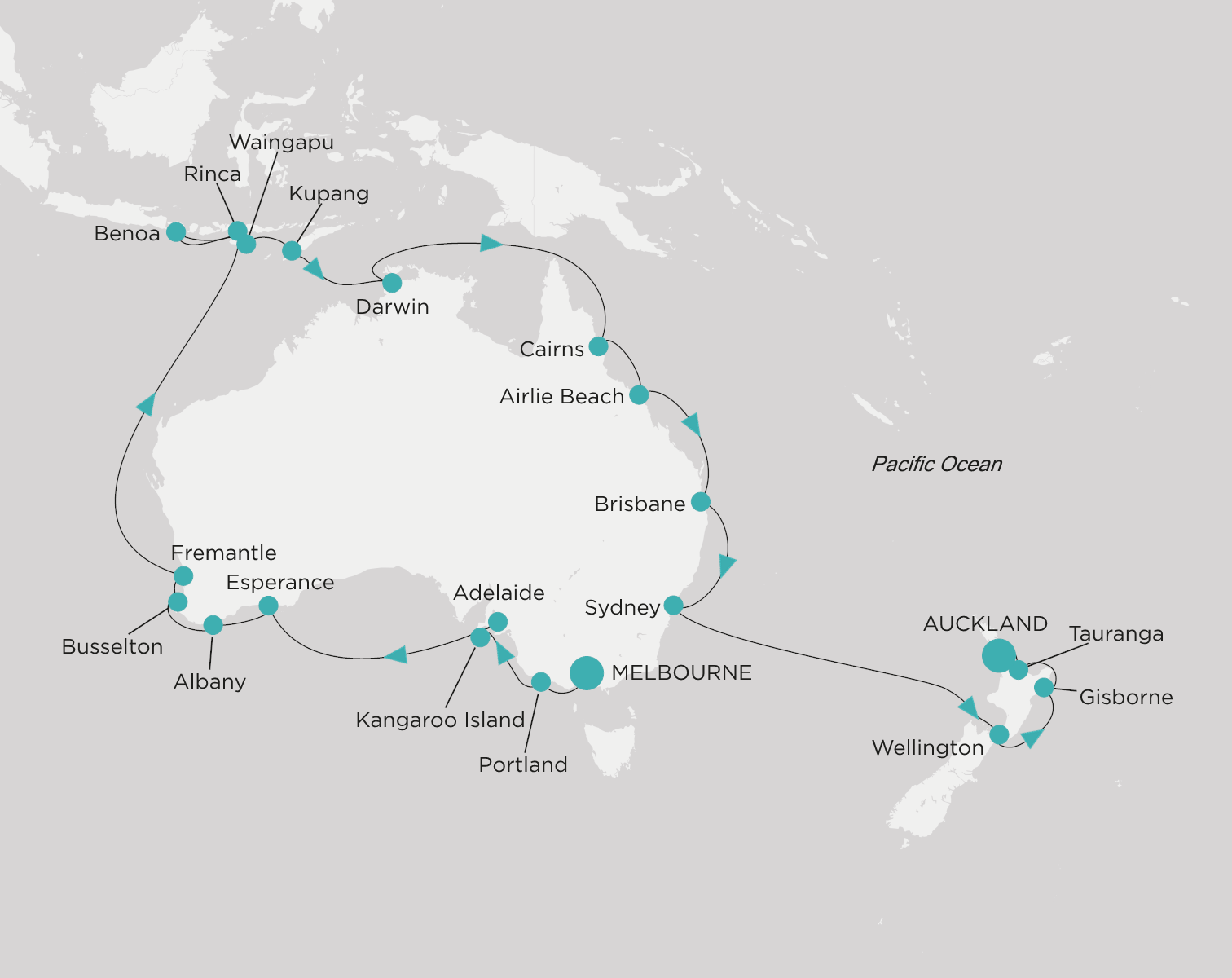 Crystal Symphony CSY-C38-290107 official itinerary map from Melbourne to Auckland