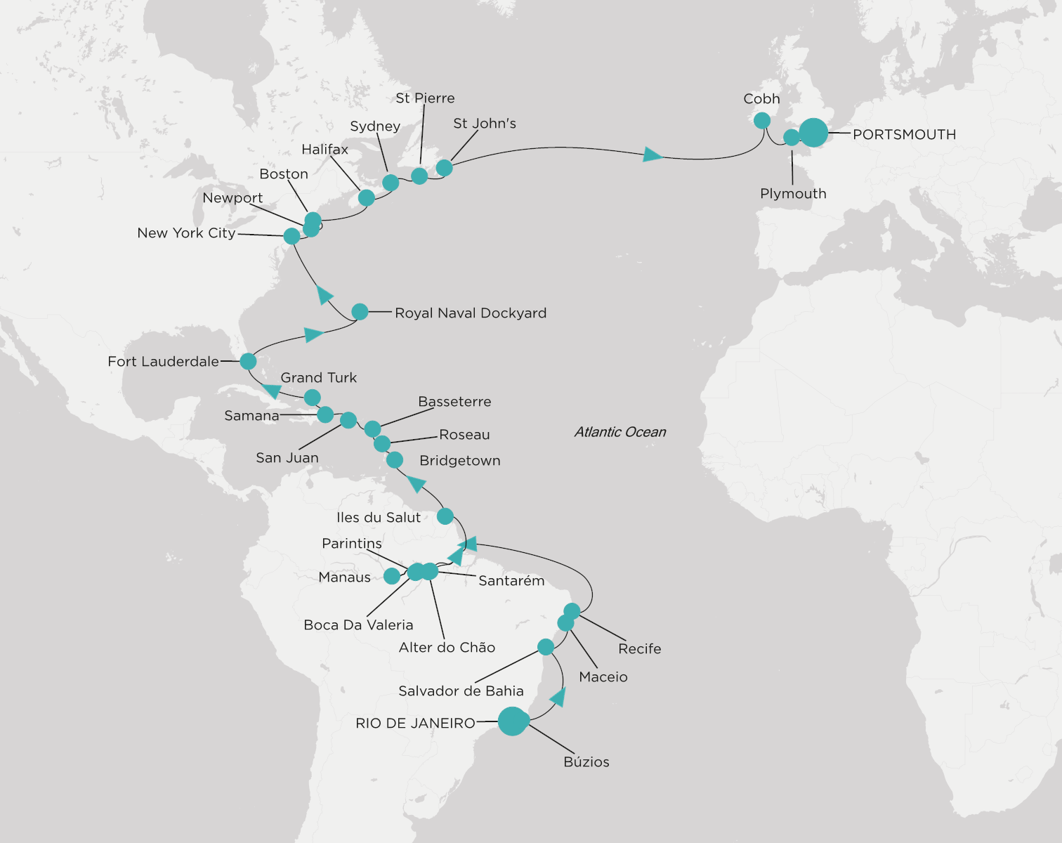 Crystal Symphony CSY-C47-290410 official itinerary map from Rio de Janeiro to Portsmouth