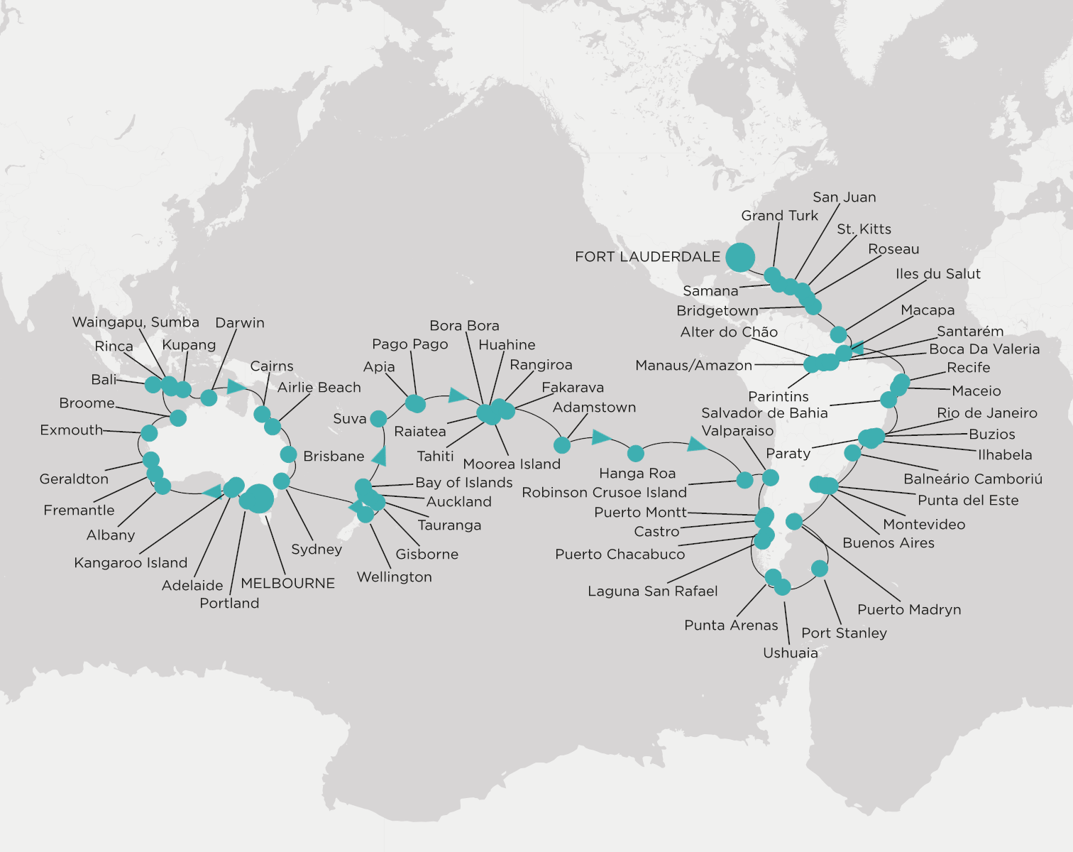Crystal Symphony CSY-W121-290107 official itinerary map from Melbourne to Fort Lauderdale
