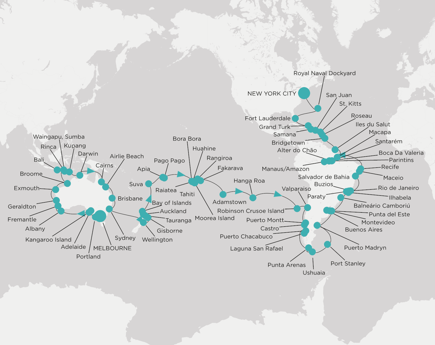 Crystal Symphony CSY-W127-290107 official itinerary map from Melbourne to New York City