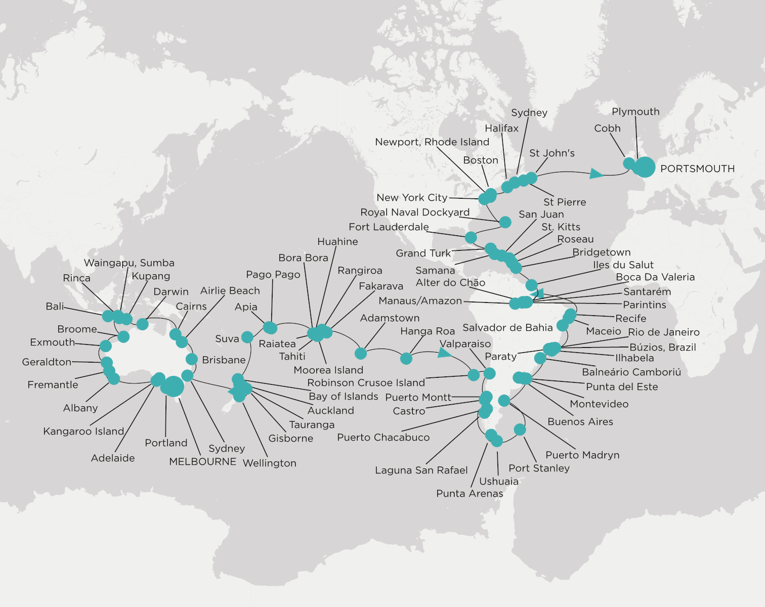 Crystal Symphony CSY-W141-290107 official itinerary map from Melbourne to Portsmouth