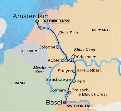 7 Seas Luxury Cruises Crystal River Bach Cruise Map Detail Amsterdam, Netherlands to Basel, Switzerland December 15-26 2024 - 10 Days
