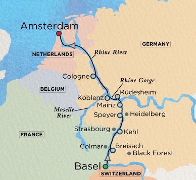 7 Seas Luxury Cruises Crystal River Bach Cruise Map Detail Basel, Switzerland to Amsterdam, Netherlands December 5-15 2022 - 10 Days