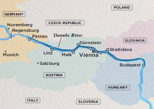 Crystal Luxury Cruises River Mozart Cruise Map Detail Vienna, Austria to Vienna, Austria August 13-23 2024 - 10 Days